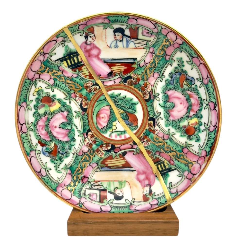 Kintsugi Plate Famille Rose Medallion Gold Crack Art Personal Growth Gift